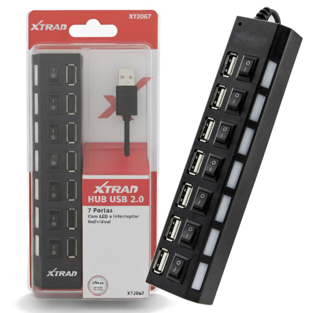 Hub USB 2.0 com 7 Portas, LED Indicador e Interruptores Individuais – Xtrad XT2067 Preto (Suporte até 500GB)