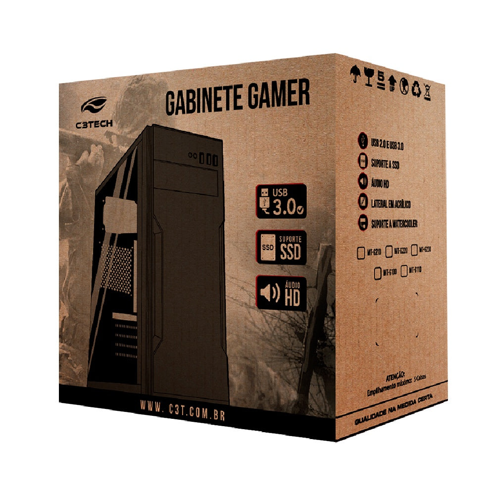 Gabinete Gamer C3Tech MT‑G110BK, Mid Tower, Vidro Temperado, Filtro Antipoeira, Organizador De Cabos, S/Fonte - Preto
