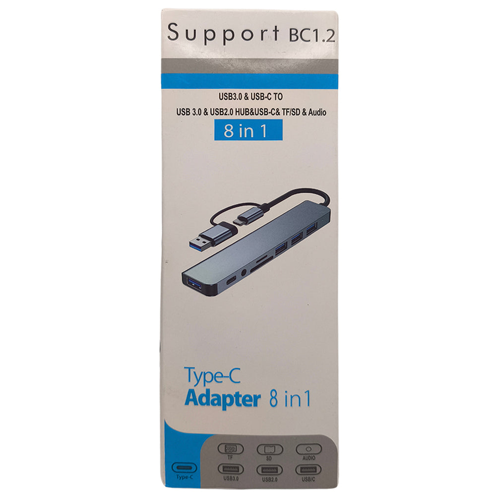 HUB USB 8 em 1, Com Leitor de Cartão, Porta USB-C, USB 3.0 / 2.0, Leitor de Cartão SD/TF, Cinza