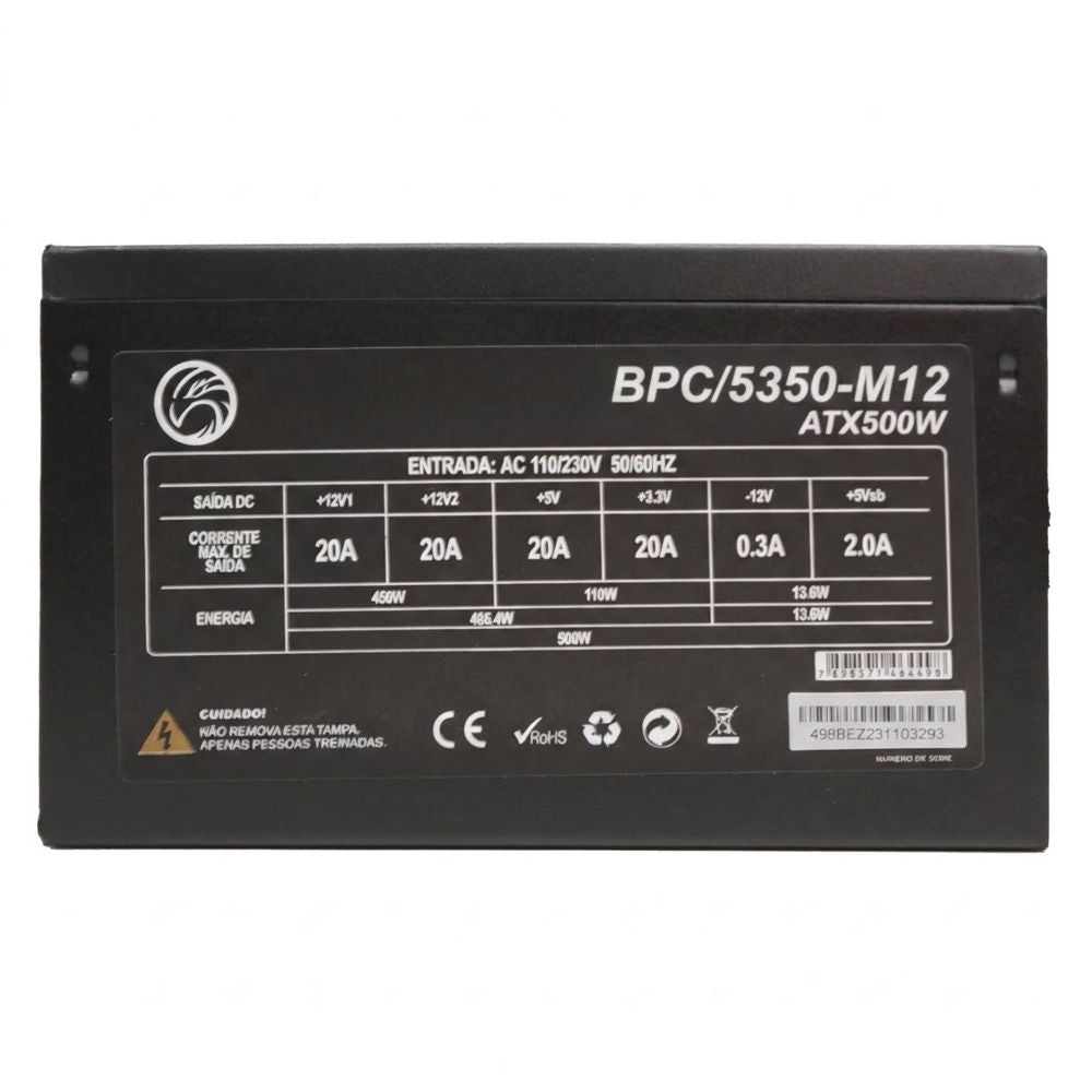 Fonte de Alimentação ATX 500W BRAZILPC BPC/5350B-M12 12X12CM 24 Pinos C/Cabo