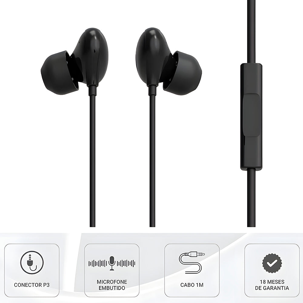 Fone de Ouvido Intra Auricular Earbuds EPH 201 Com Fio e Microfone, Lity - Preto