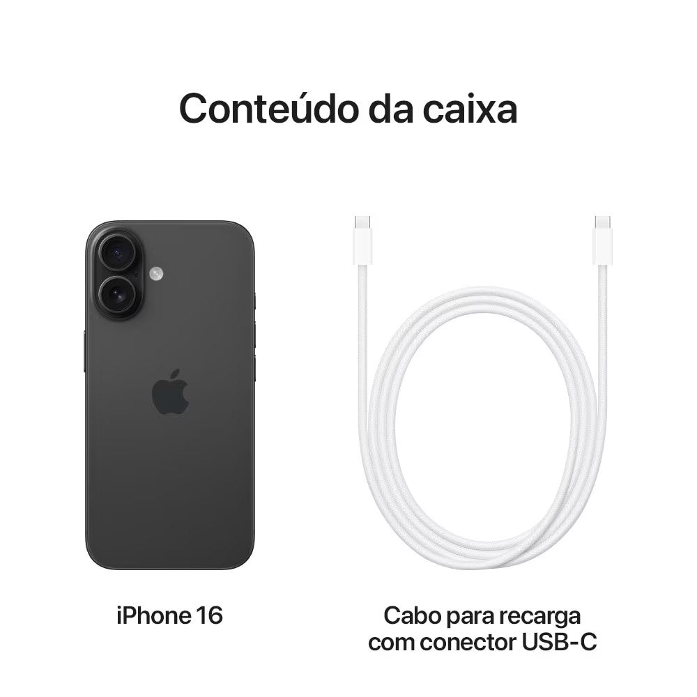 iPhone 16 Apple Preto 256GB, A18 Bionic, 6.1" Super Retina XDR OLED, 48MP Dual Camera, iOS 18, 5G, MYEE3BR/A