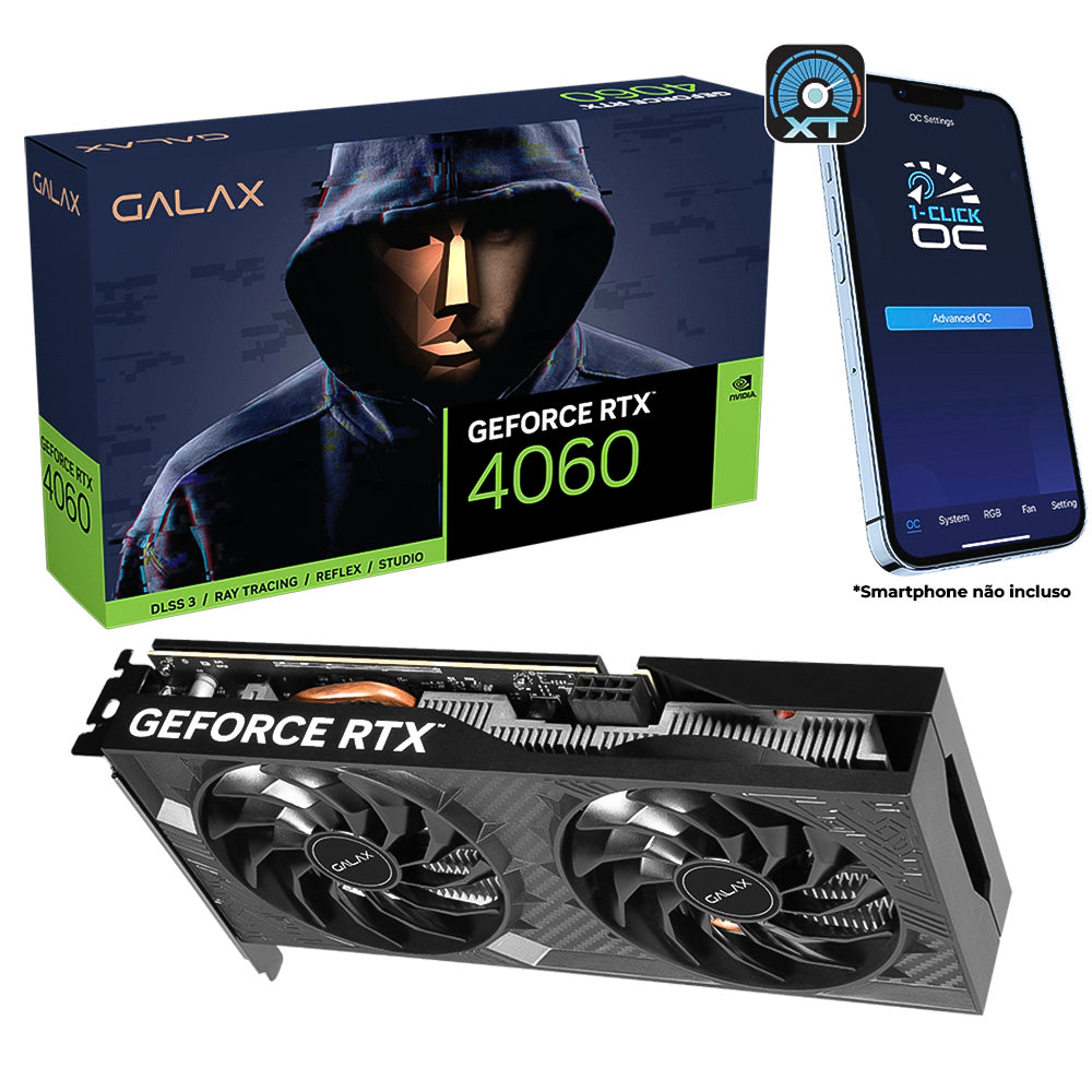 Placa de Vídeo Galax GeForce RTX 4060, 8GB GDDR6, 128 bits (1-Click OC 2X V2) 46NSL8MD9NXV - PCI-Express 4.0