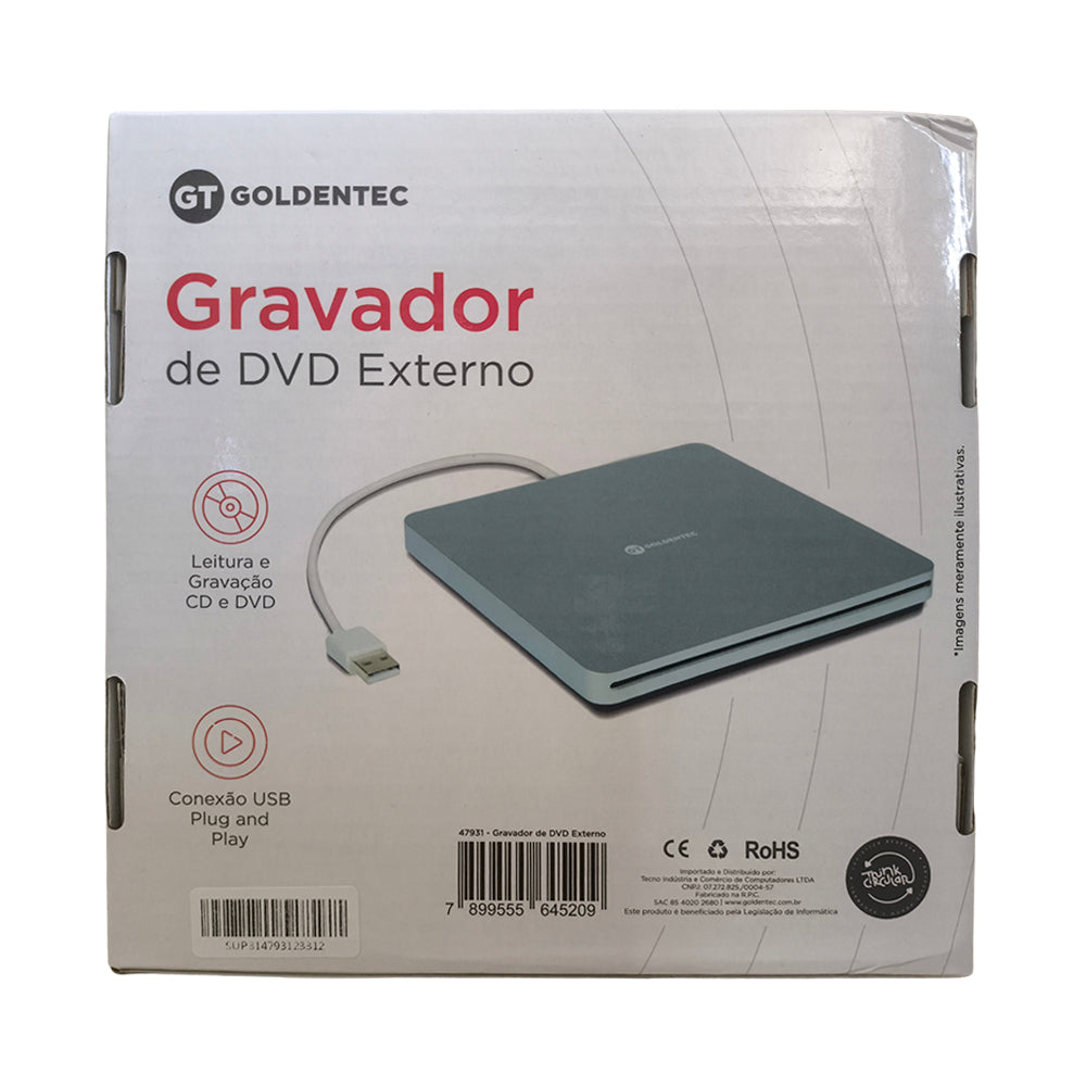 Gravador de DVD Externo, Leitura de CD/DVD, Portátil Slim USB, GT Slot In, Goldentec, Prata