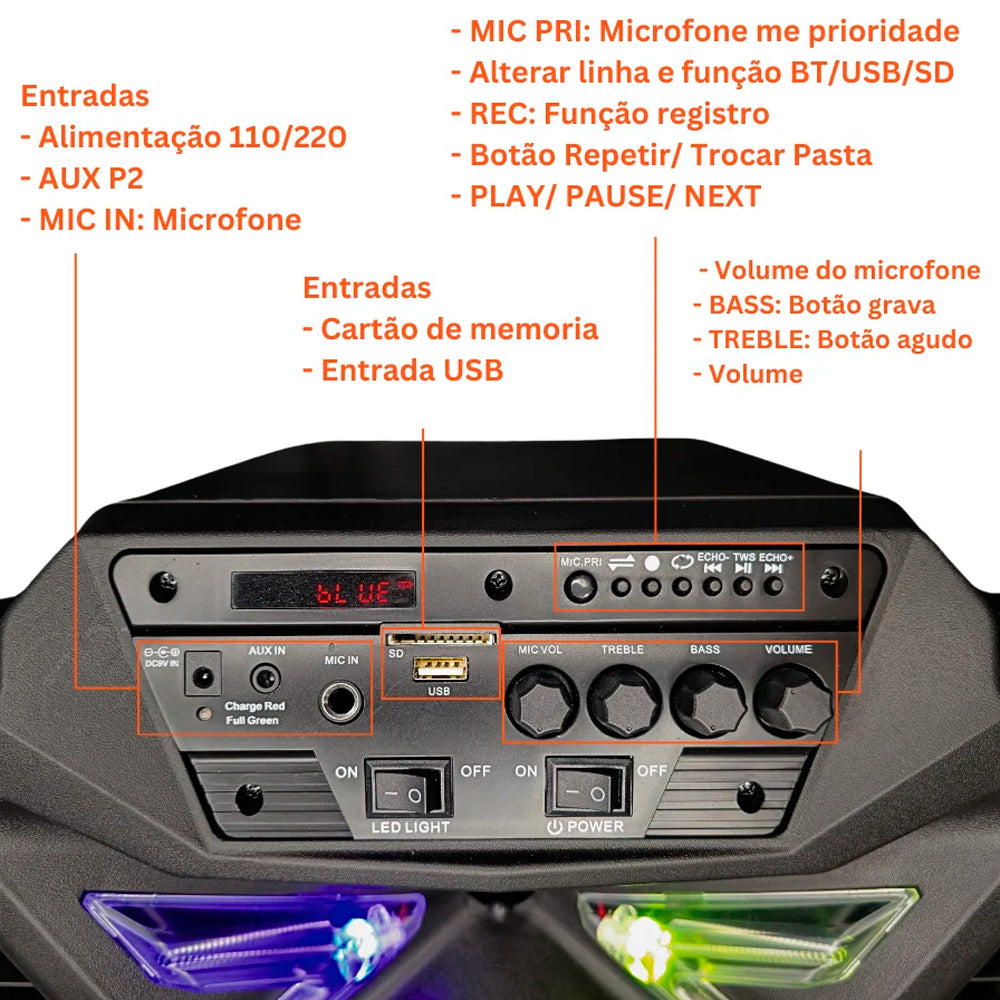 Caixa de Som Amplificada 500W, Bluetooth, Com Microfone e Controle, Sumay Stone 12- SM-CAP44