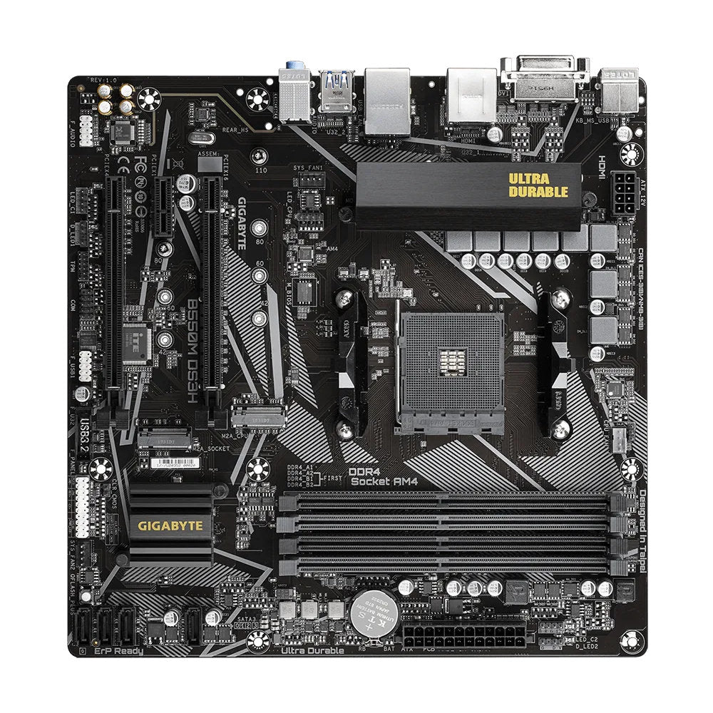 Placa Mãe Gigabyte B550M DS3H (rev. 1.0/1.1/1.2/1.3) AMD AM4, mATX, 4x DDR4 128GB, 2xM.2 NVMe, PCIe 4.0, HDMI, DVI