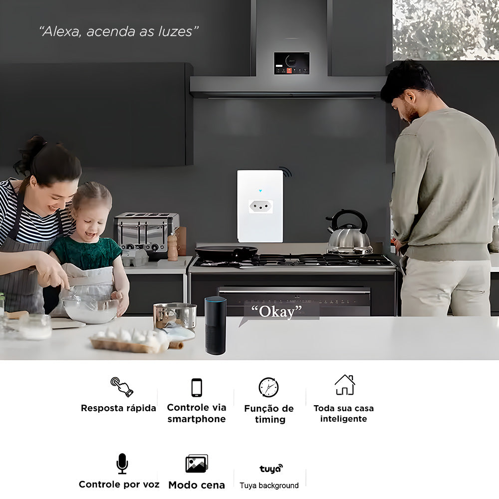 Tomada Inteligente, 20A, Painel de Vidro Temperado, Compatível Com Alexa e Google Home, Tuya, Branco