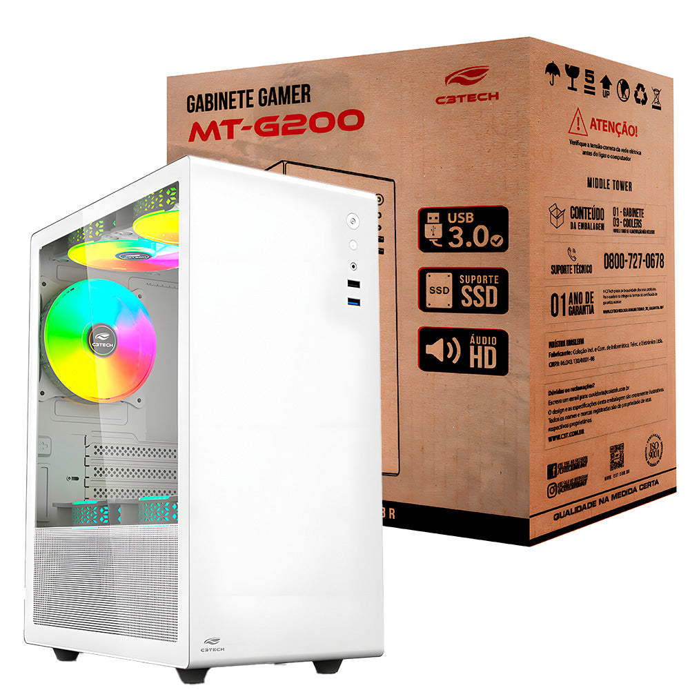 Gabinete Gamer C3Tech MT-G200WH, Lateral Em Vidro Temperado, Com 3 Coolers Fans S/Fonte