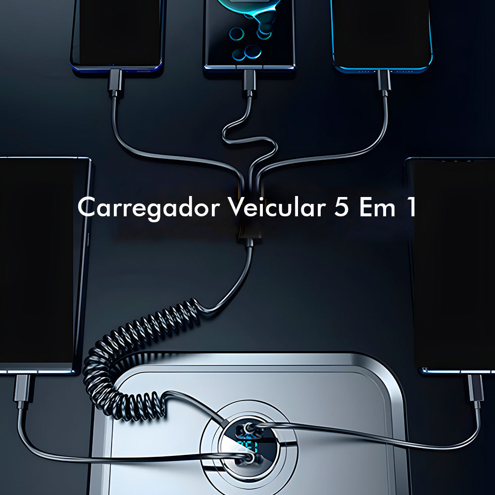 Carregador Veicular Com Duas Portas USB 3.1A e Cabo Com 3 Conectores, 66W, Com Display Digital - Preto