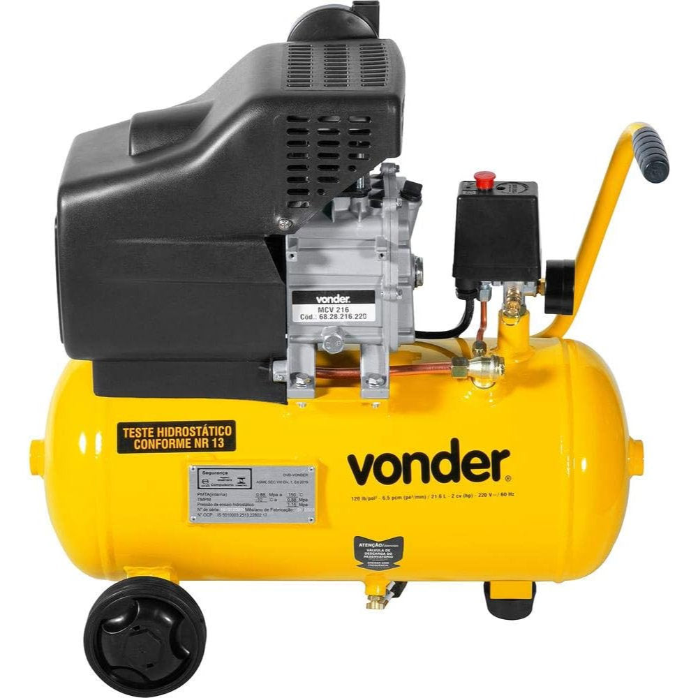 Motocompressor de Ar Vonder 220V, 60Hz, 21.6L Com Alças, Rodas, Interruptor Liga/Desliga e Manômetro