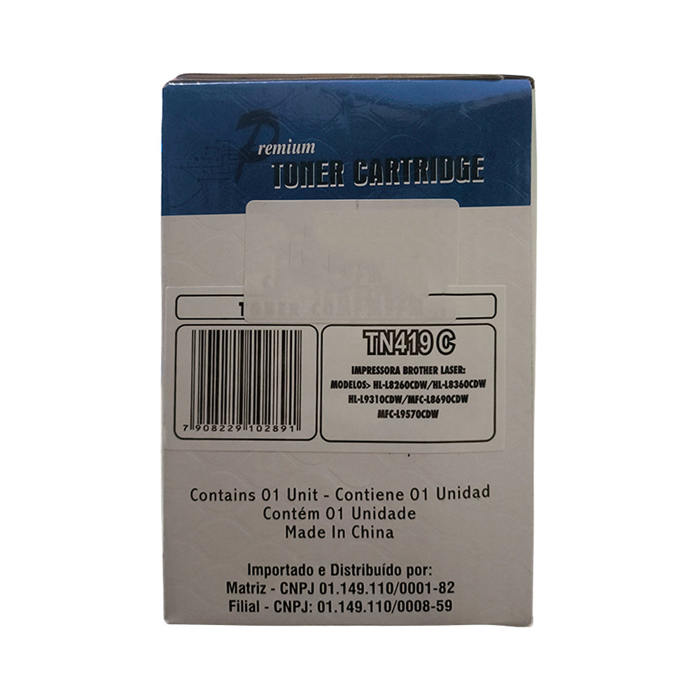 Cartucho de Toner Compatível Brother, TN419CY, Ciano, Para HLL8360CDW, MFCL8610, MFCL8900CDW, MFCL9570CDW, Premium 9K