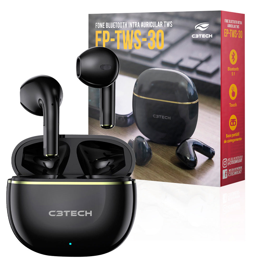 Fone de Ouvido C3Tech Sem Fio, Intra-Auricular, Bluetooth 5.1, Microfone Integrado, EP-TWS-30BK - Preto