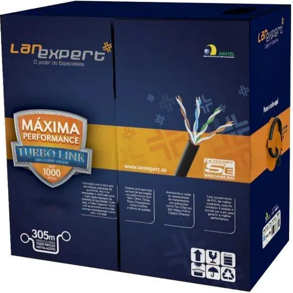 Caixa De Cabo De Rede Lan Expert Turbo Link 4 pares 100% Cobre CAT5E UTP Preto