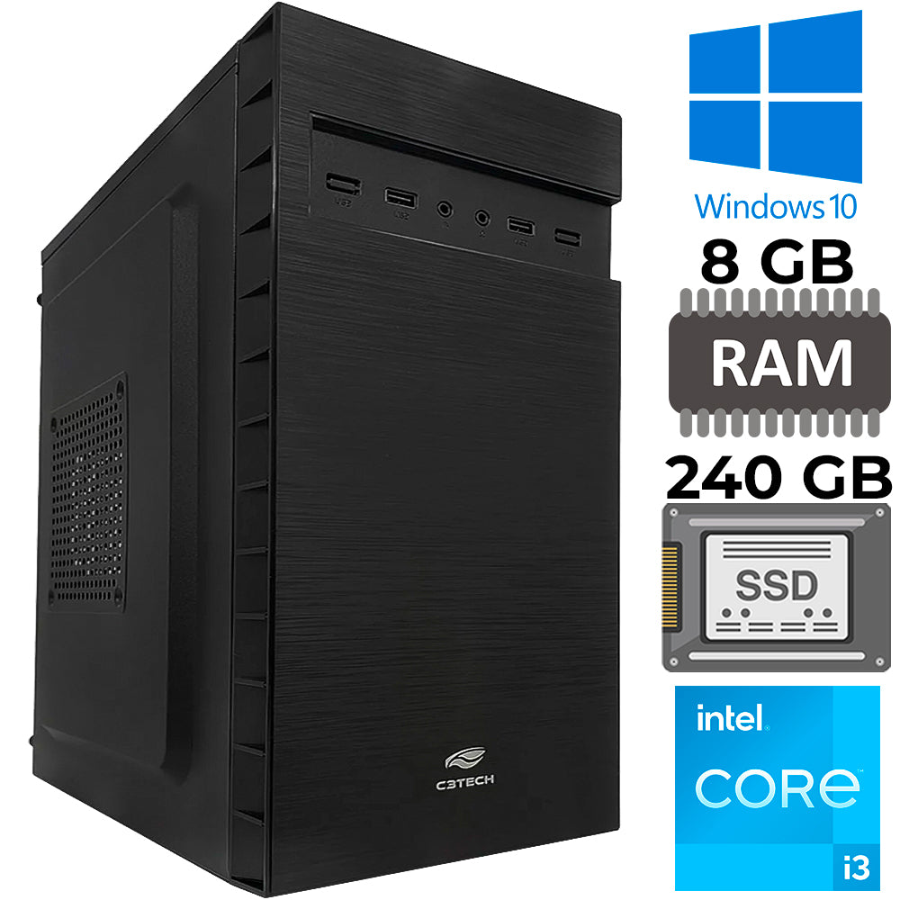 Computador Core I3-7100, Placa H110, RAM 8GB DDR4, SSD 240GB, GAB. ATX MT-32BK, Windows, Mousepad Brinde