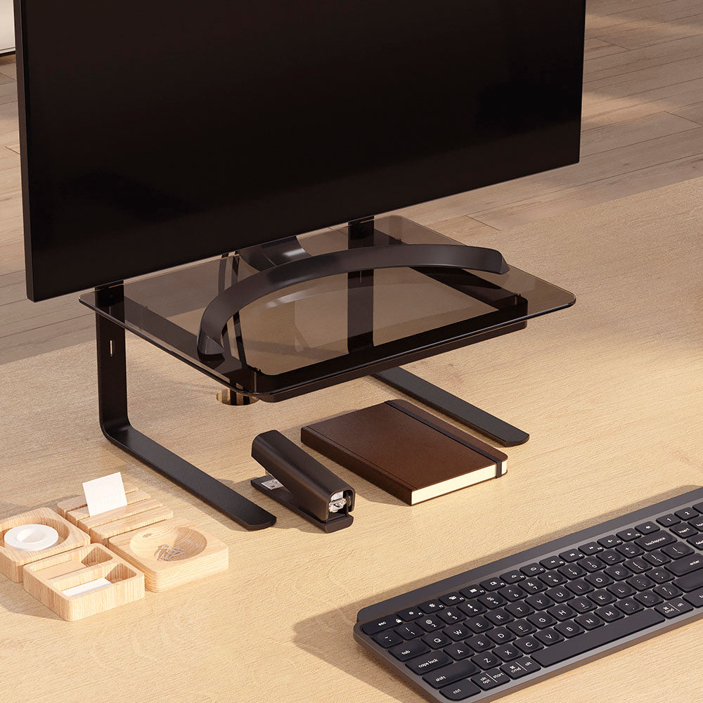 Suporte Para Monitor Ergonômico, Office, Conforto e Estabilidade, Preto com Vidro Fumê - Reliza
