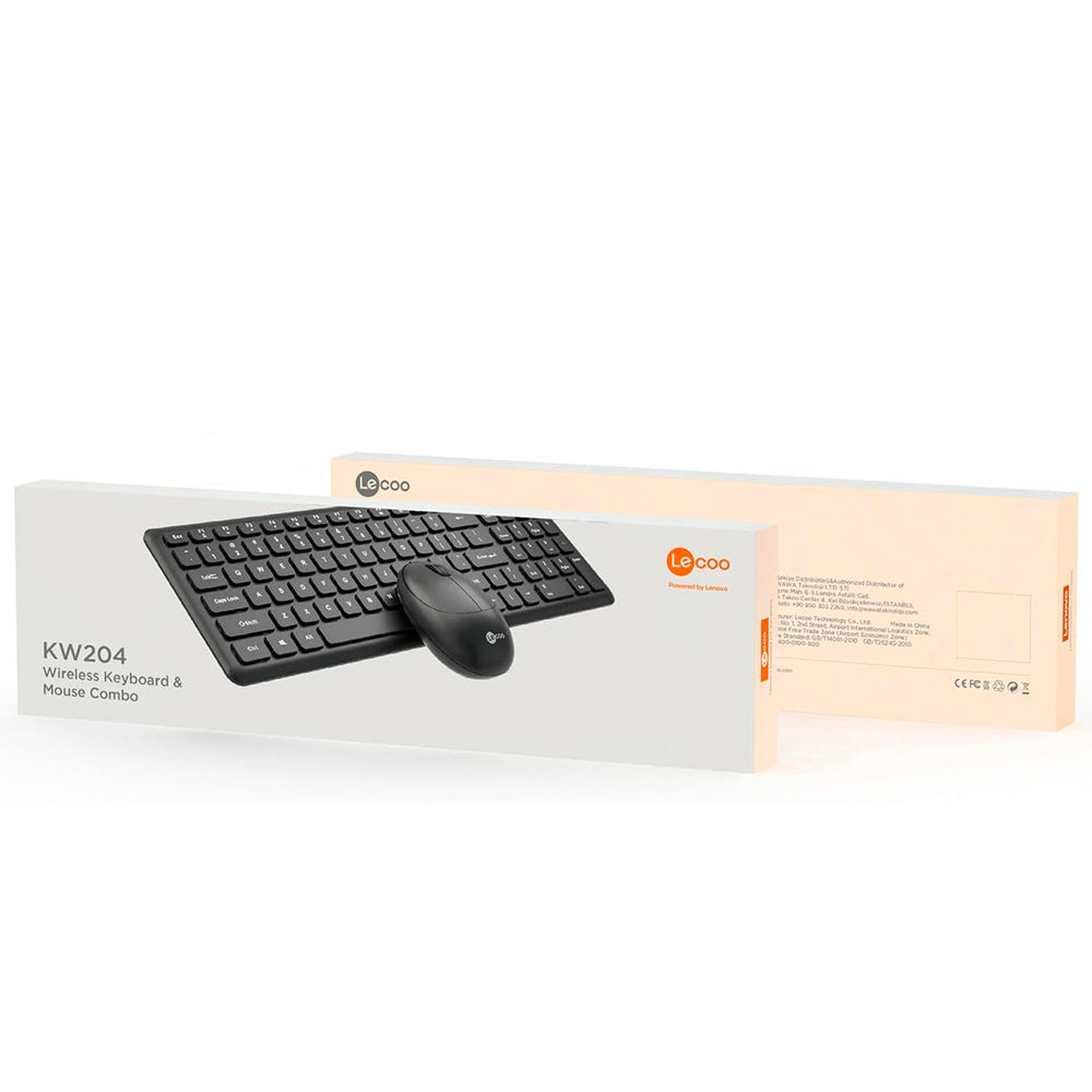 Kit Teclado E Mouse Sem Fio KW204 Lecoo, ABNT2, Bluetooth 2.4 GHz, Mouse 1.200 DPI, Ergonomico, Nano USB Até 10m - Preto