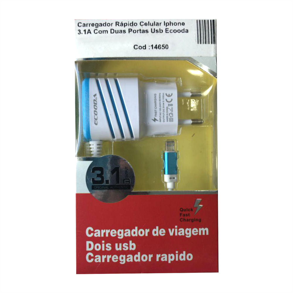 Carregador Rápido Celular Iphone 3.1A Com Duas Portas Usb Ecooda EC5235-5G