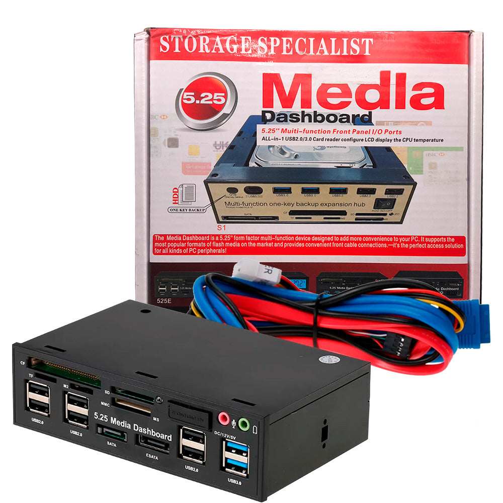 Hub USB 3.0 Multifunções com Leitor de Cartão, Porta eSATA/SATA, Compatível com Baias de 5.25"