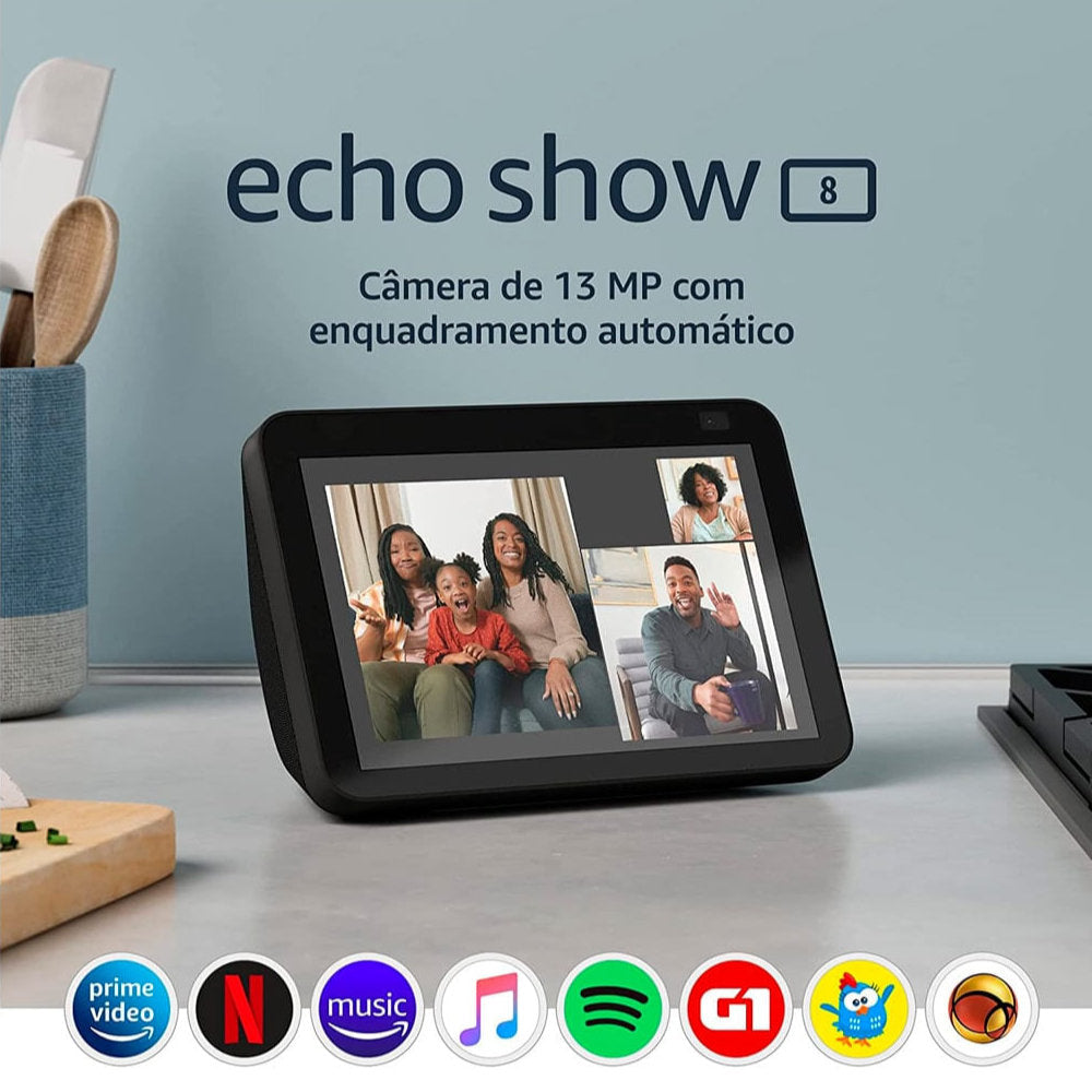 Echo Show 8 (2ª Geração) Amazon Smart Display HD 8", Câmera 13MP, Alexa Integrada, Touchscreen, Wi-Fi e Bluetooth, Preto