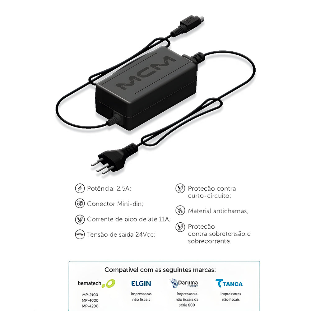 Fonte Para Impressora Térmicas Bematech, Tanca, Elgin, Daruma, Epson Fiscais e Não Fiscais 24V 2.5A MP2100 MP2500  MCM