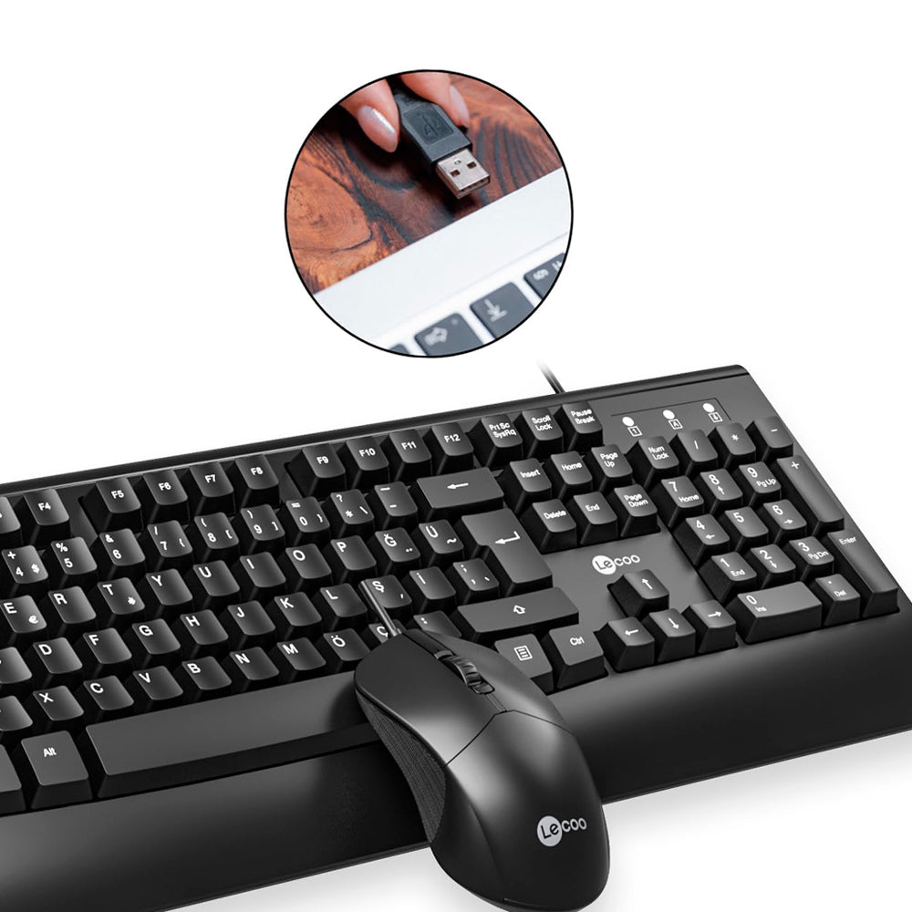 Kit Teclado e Mouse USB Plug and Play CM105 Lecoo, Mouse 1.200DPI 3 Botões Ambidestro, Teclado 104 Teclas ABNT2 - Preto