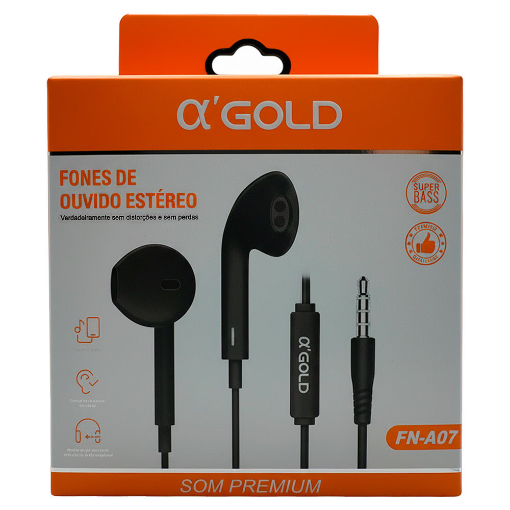 Fone De Ouvido Stereo, com Microfone, Super & Deep Bass, Fio 1.2 Metros, A'Gold, FN-A07 - Preto