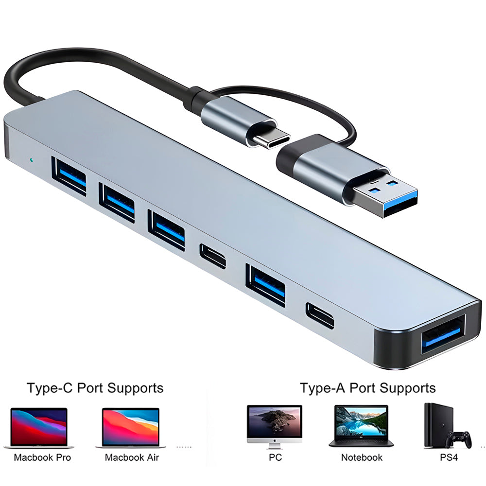 HUB USB 7 Em 1 Com Duas Saídas, Cinco Portas USB, 1 Entrada Para Cartão e Uma Para Aúdio - Cinza