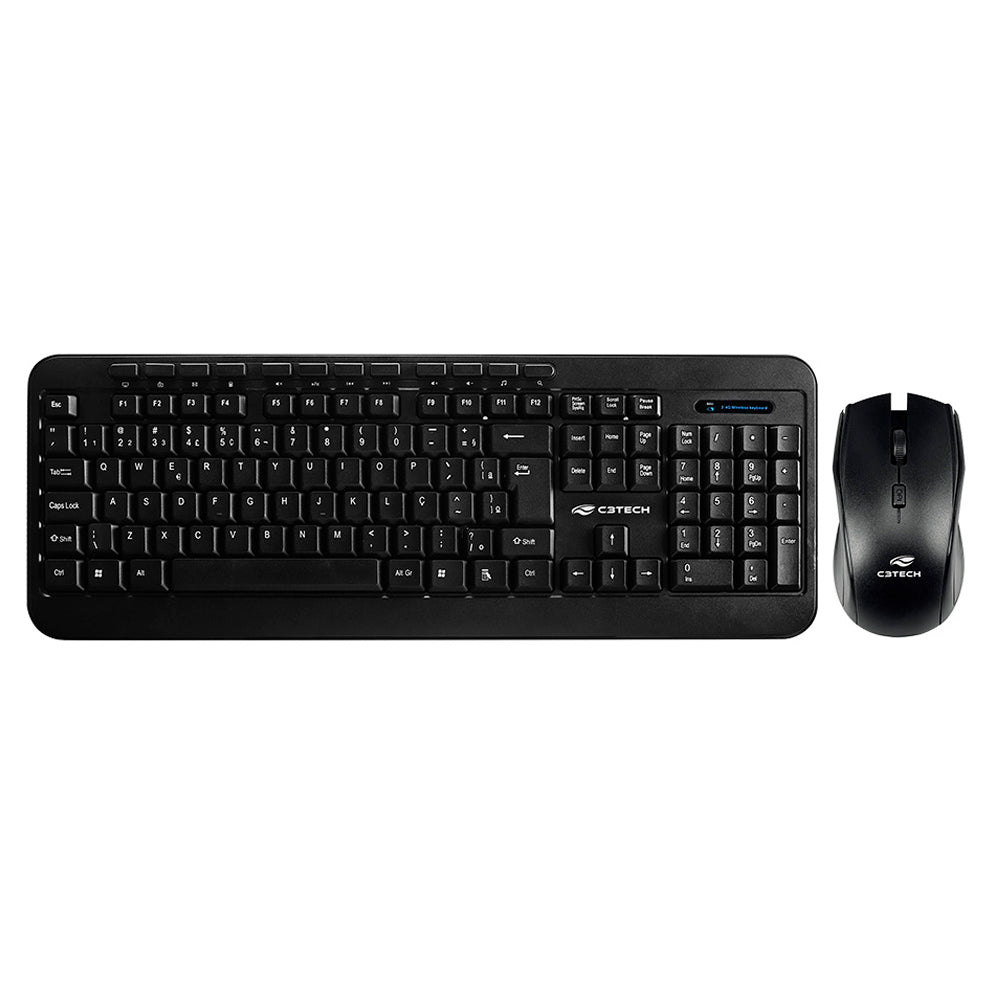 Kit Teclado e Mouse Sem Fio, K-W60BK, Multimídia, Teclado Membrana, Mouse 1.600 DPI, C3Tech, Preto