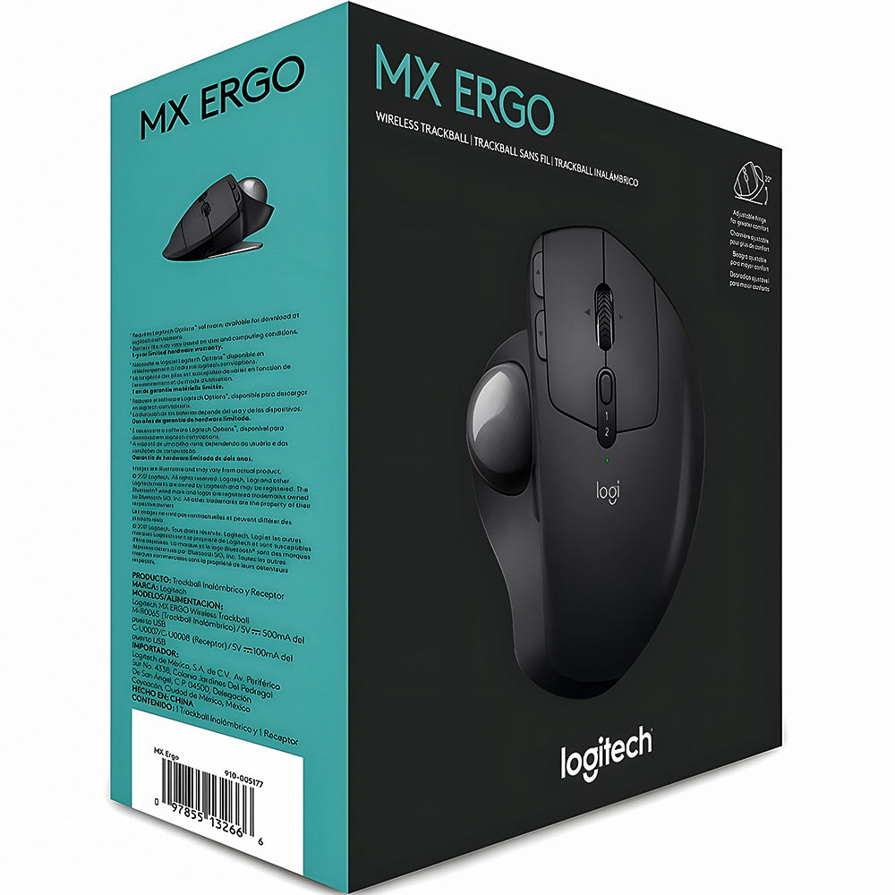 Mouse Ergonômico, Sem Fio, Logitech, MX Ergo Trackball, Conexão Bluetooth/USB Unifying , Recarregável, Preto