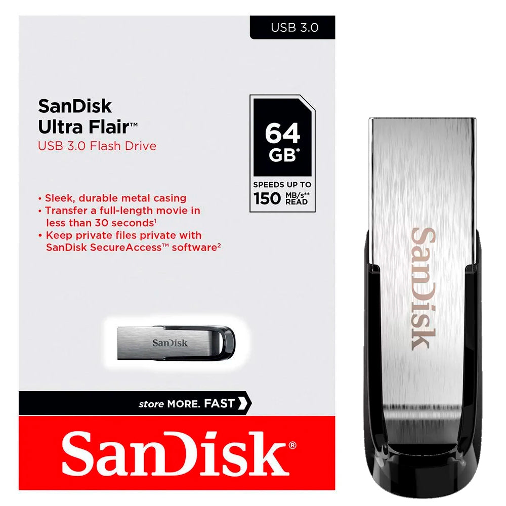 Pen Drive SanDisk Z73 Ultra Flair 64GB USB 3.0, Preto Metálico, 150Mb/s, Compatível USB 2.0 - SDCZ73-064G-G46