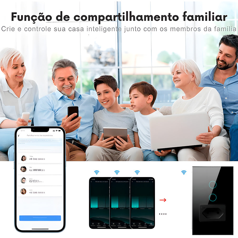 Interruptor Inteligente, Com Tomada, 2 Botões Touch, Wi-Fi, Compatível Com Alexa e Google Home, Avatto, Preto