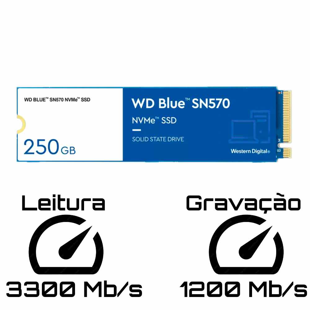 SSD M.2 NVMe SN570 WD Blue 250GB, Leitura 3300MB/s, Gravação 1200MB/s - WDS250G3B0C