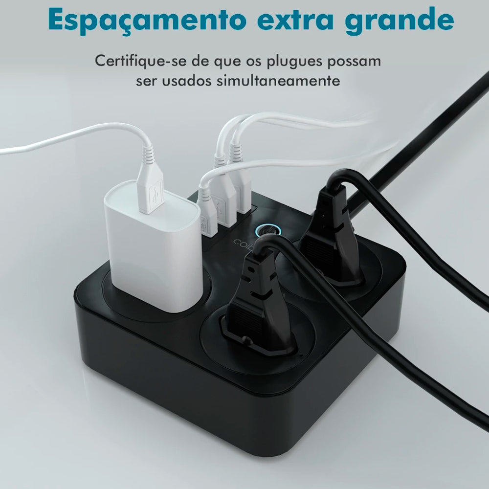 Extensão Inteligente, 3 Tomadas, 2 Entradas USB, 1 Entrada USB-C, Controle Por Voz, Compatível Alexa, Bivolt, Preto