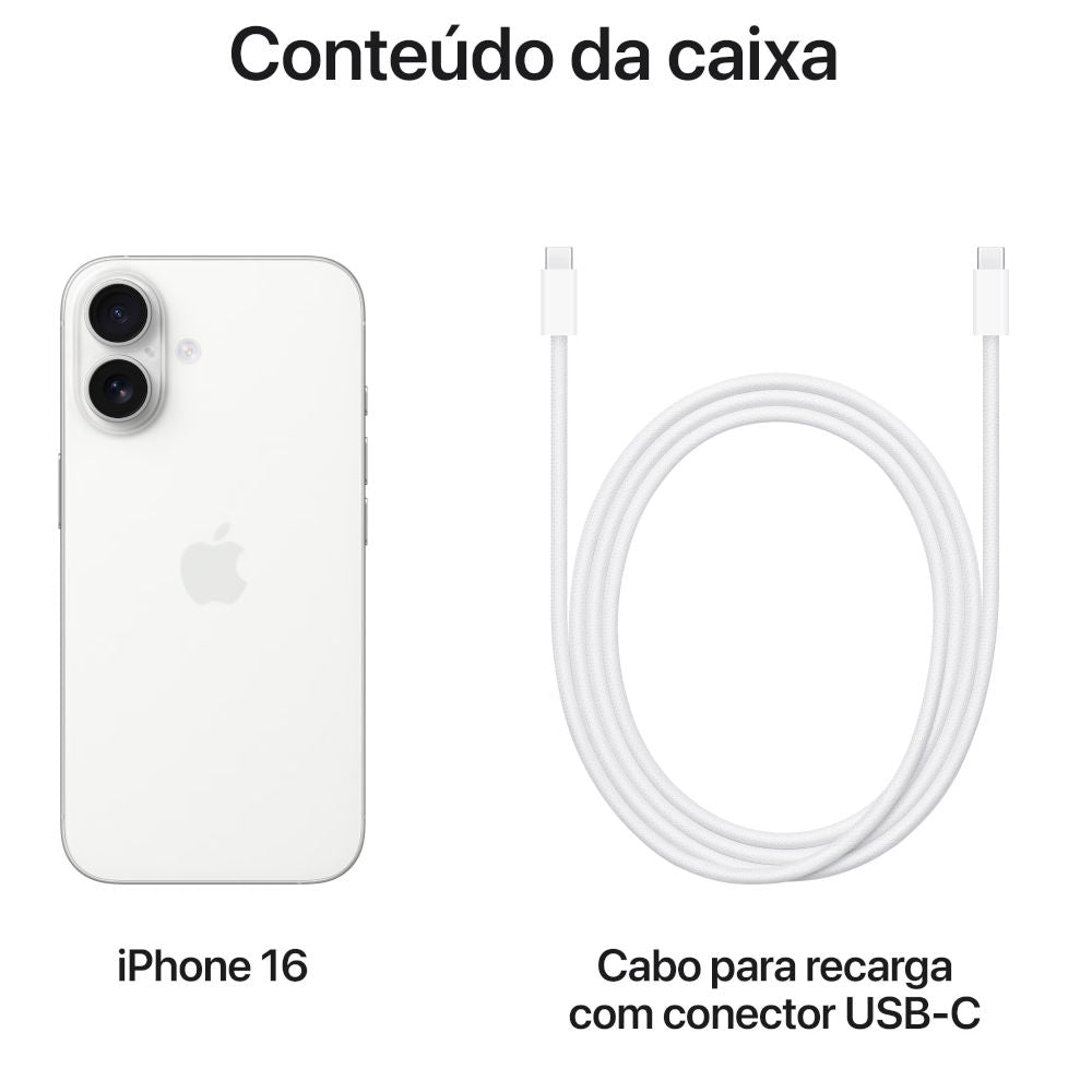 Iphone 16 Apple iOS 128Gb Tela 6,1'' Câmera de 48MP Com Cabo de Recarga USB-C, (MYE93BR/A) Branco