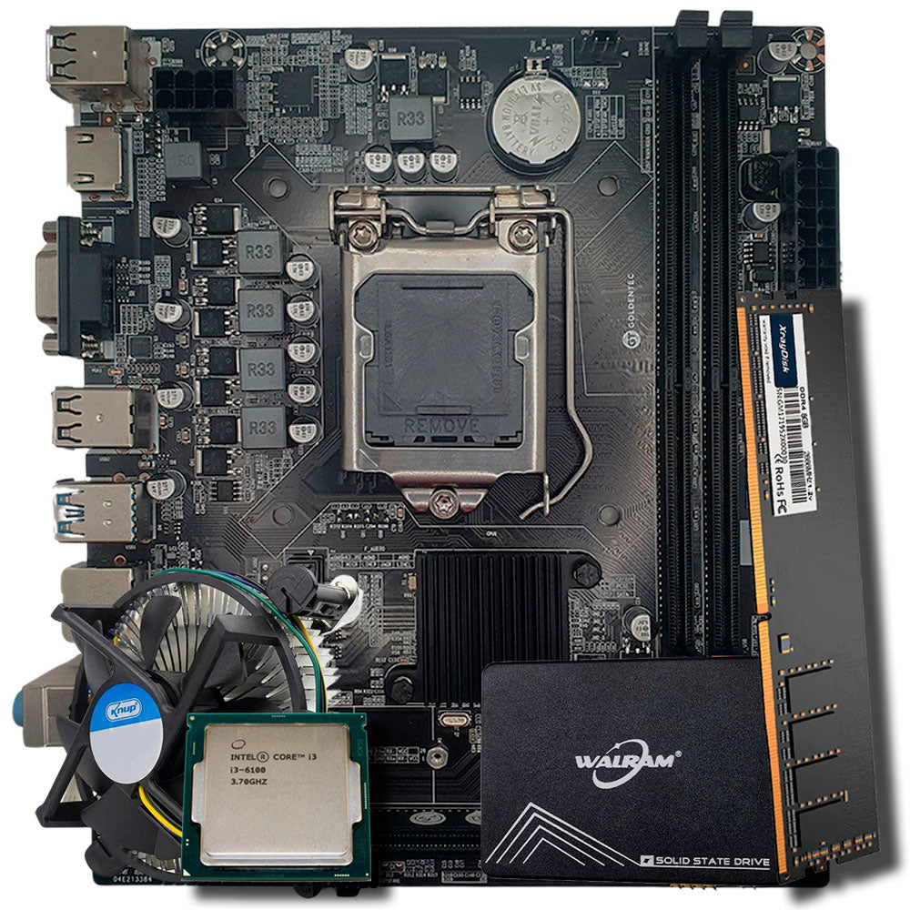 Kit Placa Mãe H110 Com Cooler 1151, Processador i3-6100, Memória RAM 8GB DDR4, SSD 256GB