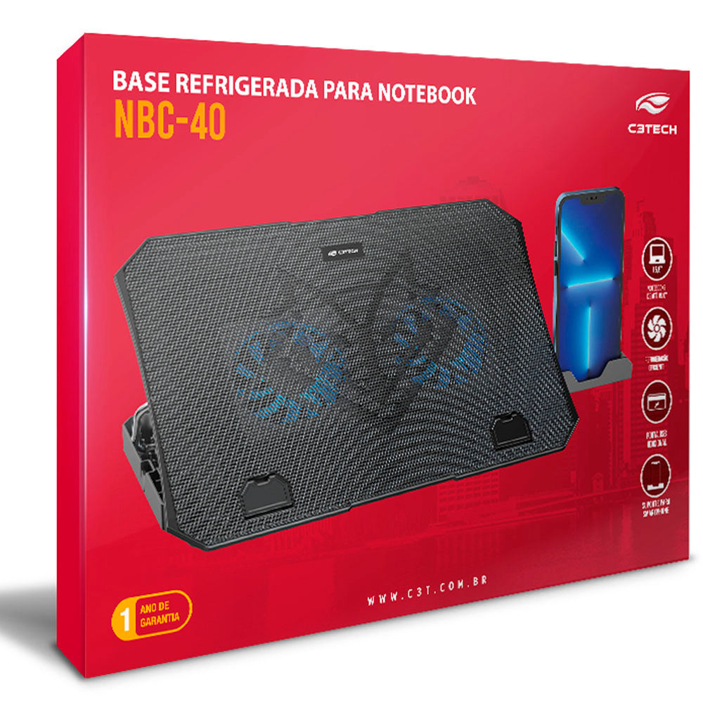 Suporte Base Para Notebook 15,6 Polegadas Gamer NBC-40BK, Com Suporte Para Celular, C3Tech - Preto