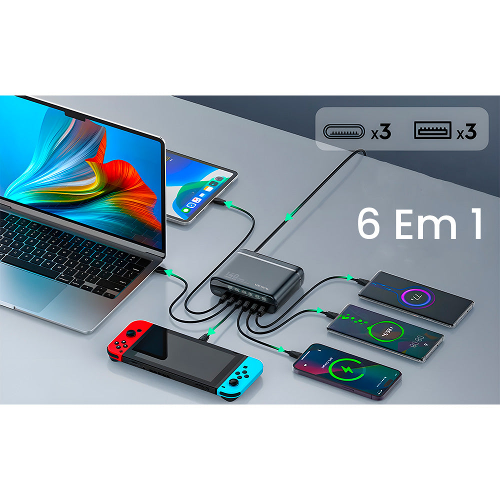 Estação de Carregamento 140W Com 3 Entradas USB e 3 Entradas USB-C  - Com 4 Cabos, LDNIO - A6140C