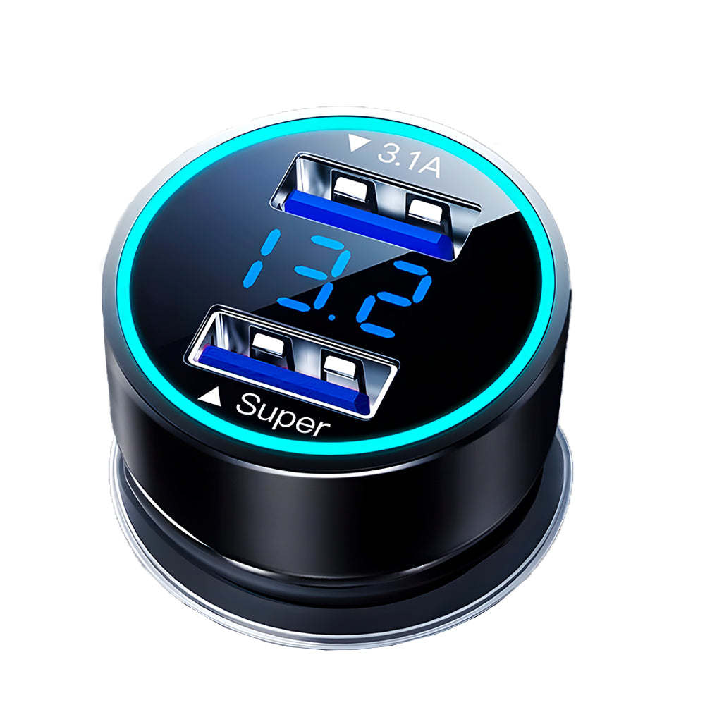 Carregador Veicular Com Duas Portas USB 3.1A e Cabo Com 3 Conectores, 66W, Com Display Digital - Preto