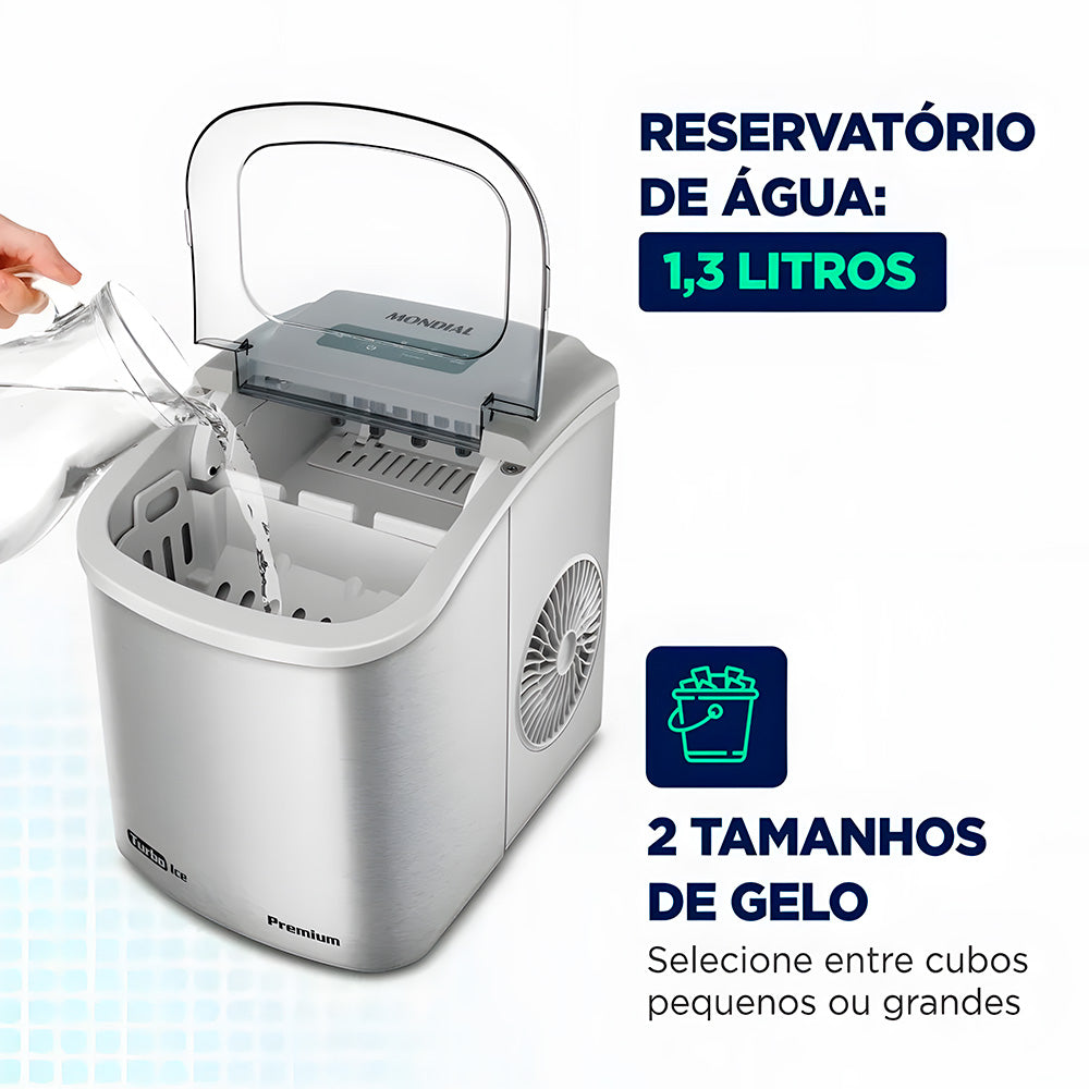 Máquina de Gelo Turbo, Ice Premium, Mondial, 12KG, Reservatório 1,3L, Cinza, 220V, MG-12-GI