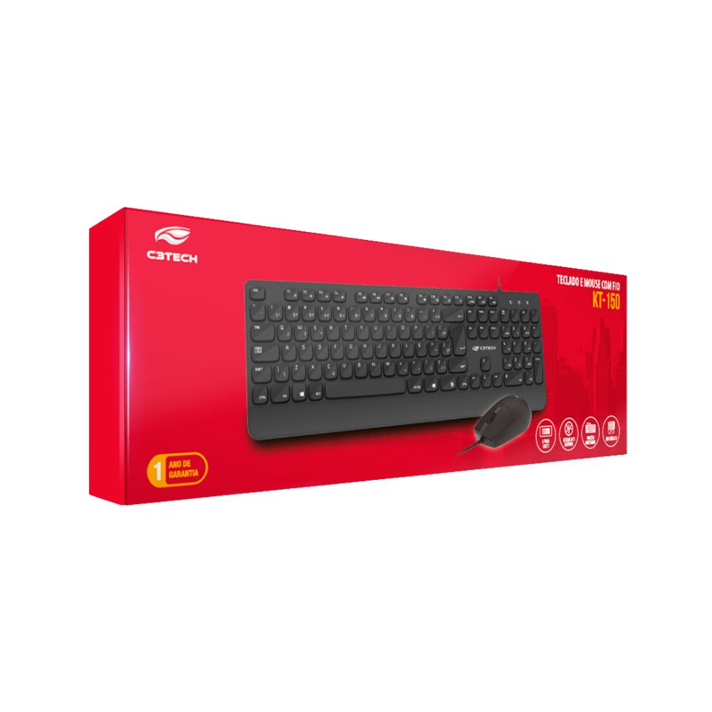 Kit Teclado e Mouse Com Fio USB, KT-150BK, Mouse 1.200 DPI, C3Tech, Preto