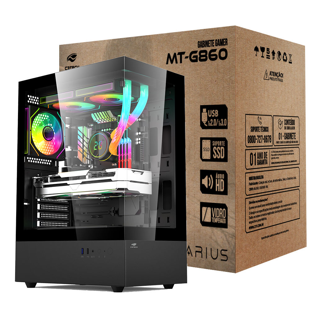 Gabinete Gamer Aquário C3Tech MT-G860BK, Mid Tower, Vidro Temperado, Compatível Water Cooler, S/ Fonte, Preto - Aquarius