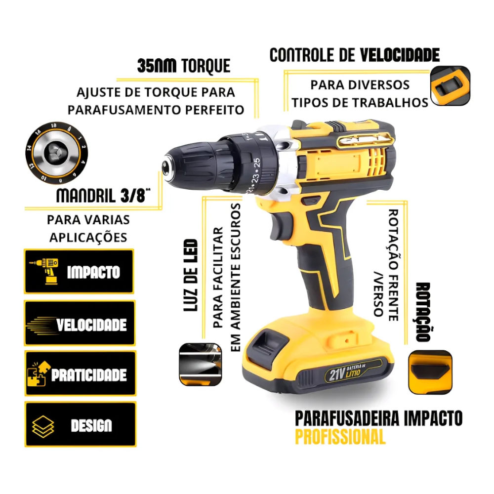 Parafusadeira Furadeira De Impacto Profissional 21v TB-21PX 2 Baterias Sem Fio E Acessórios Com Maleta 60Hz Amarelo