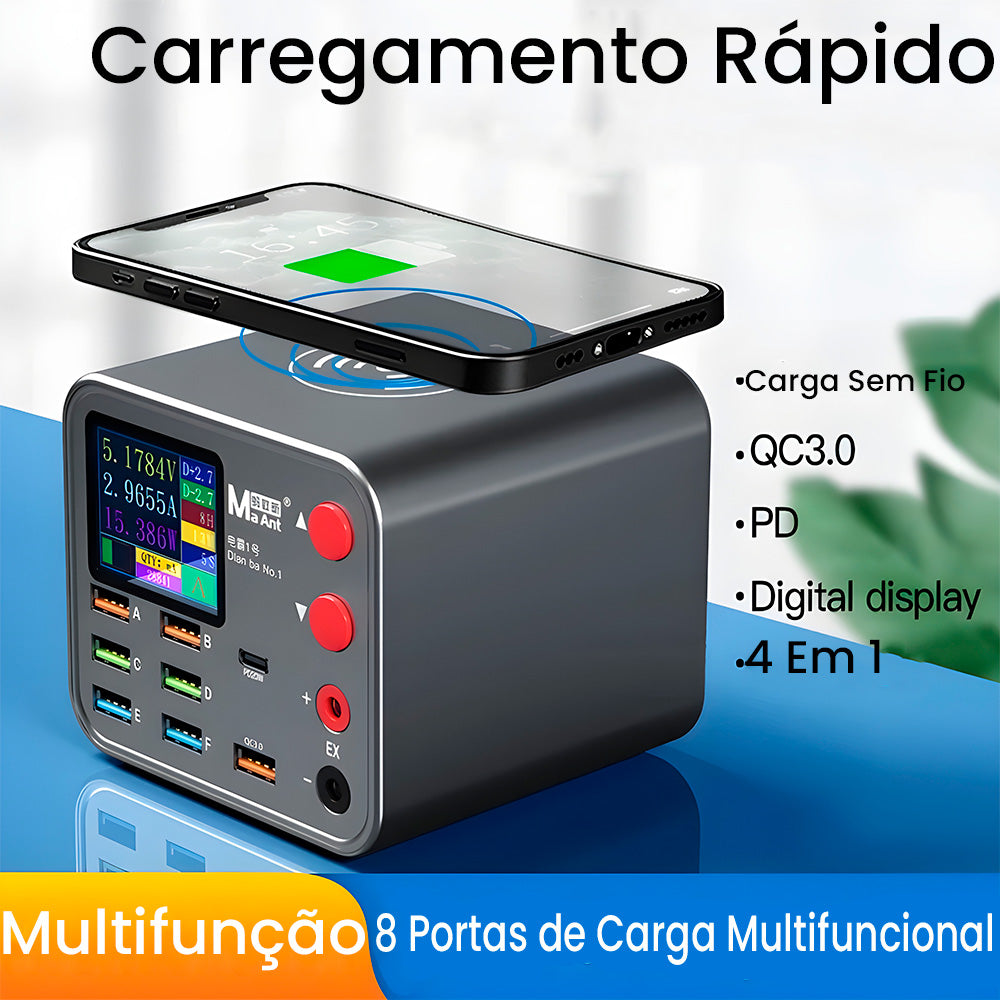 Estação de Carregamento 7 Entradas USB e 1 Entrada USB-C - Suporte a Carga Sem Fio e Medidor De Corrente Tensão - MaAnt