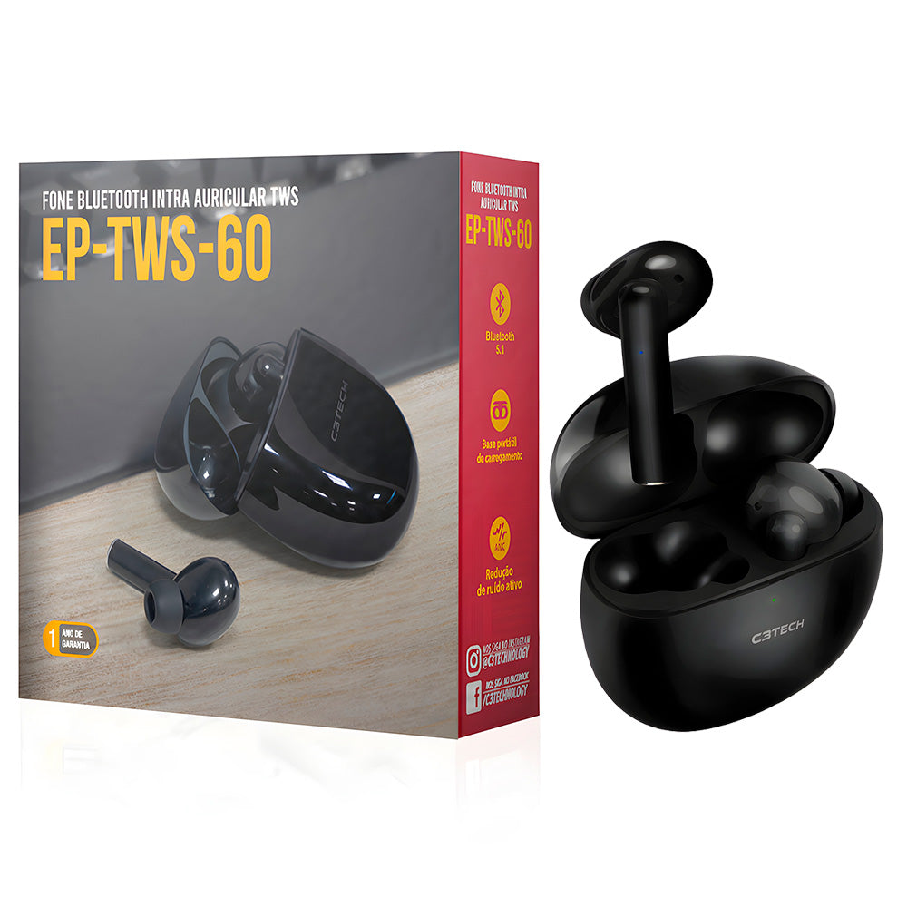 Fone de Ouvido C3Tech Sem Fio, Intra-Auricular, Bluetooth 5.1, Com Função Touch, EP-TWS-60BK - Preto