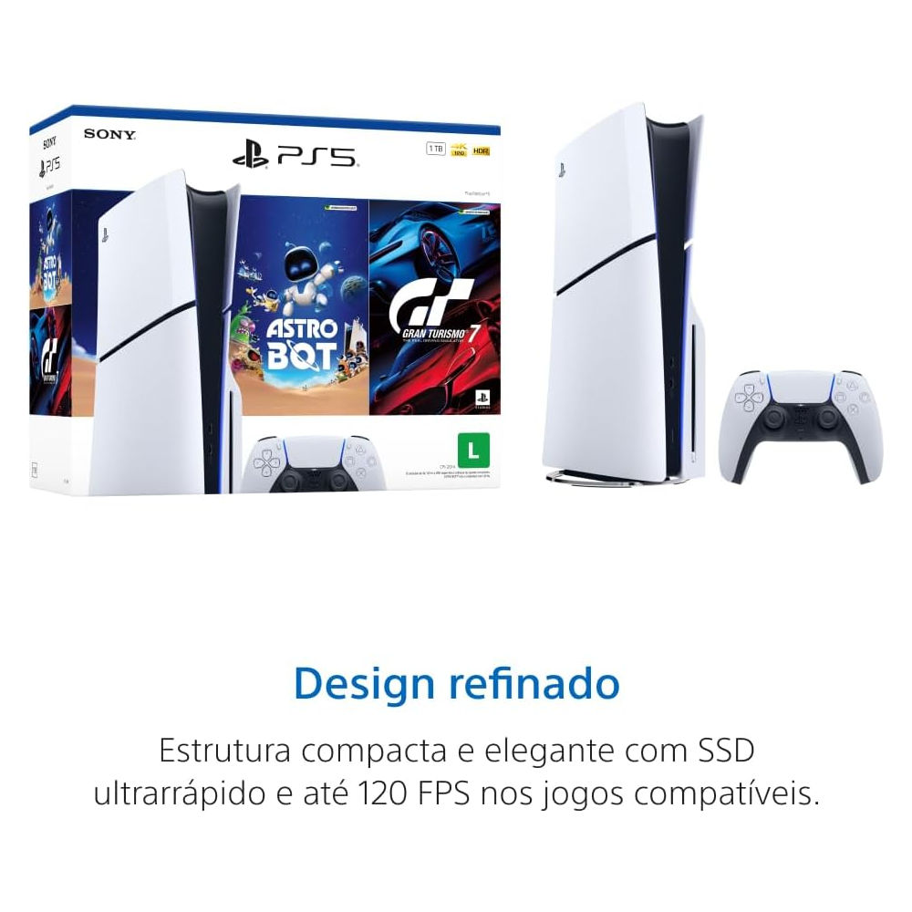 Console PlayStation 5 Slim Sony 1TB - 4K HDR, Leitor de Disco, 1 Controle DualSense Sem Fio + 2 Jogos Inclusos, Branco