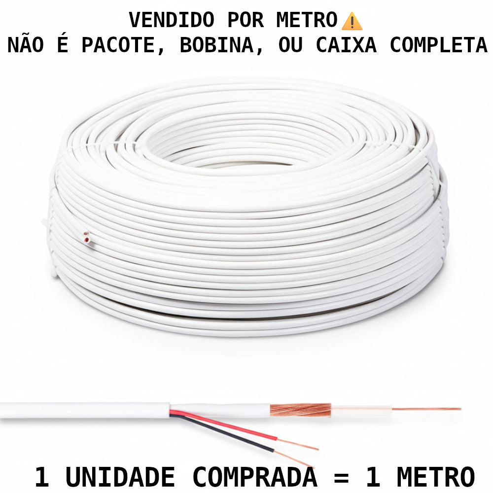Metro de Cabo Coaxial 4mm Trançado com Alimentação Interna para CFTV, Diproseg, 2x26AWG - Branco (Venda por Metro)