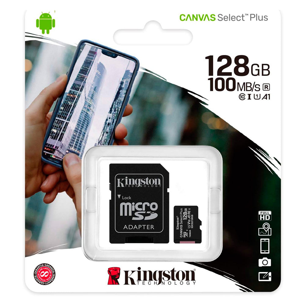 Cartão de Memória Micro SD 128GB Kingston Canvas Select Plus - Leitura: 100MBs - Classe 10 com Adaptador SD  SDCS2128GB