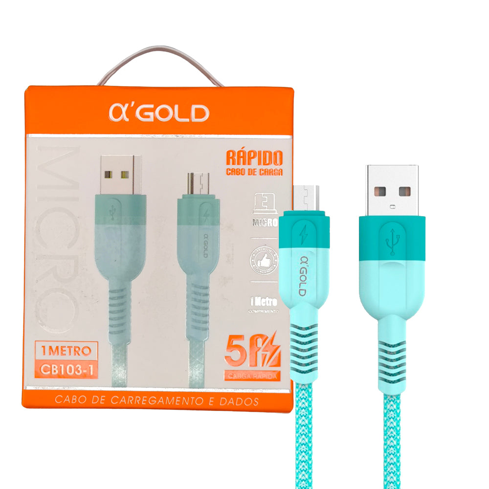 Cabo USB Para Micro USB, Carregamento Rápido, 1 Metro de Comprimento, CB103-1, A'Gold - Azul