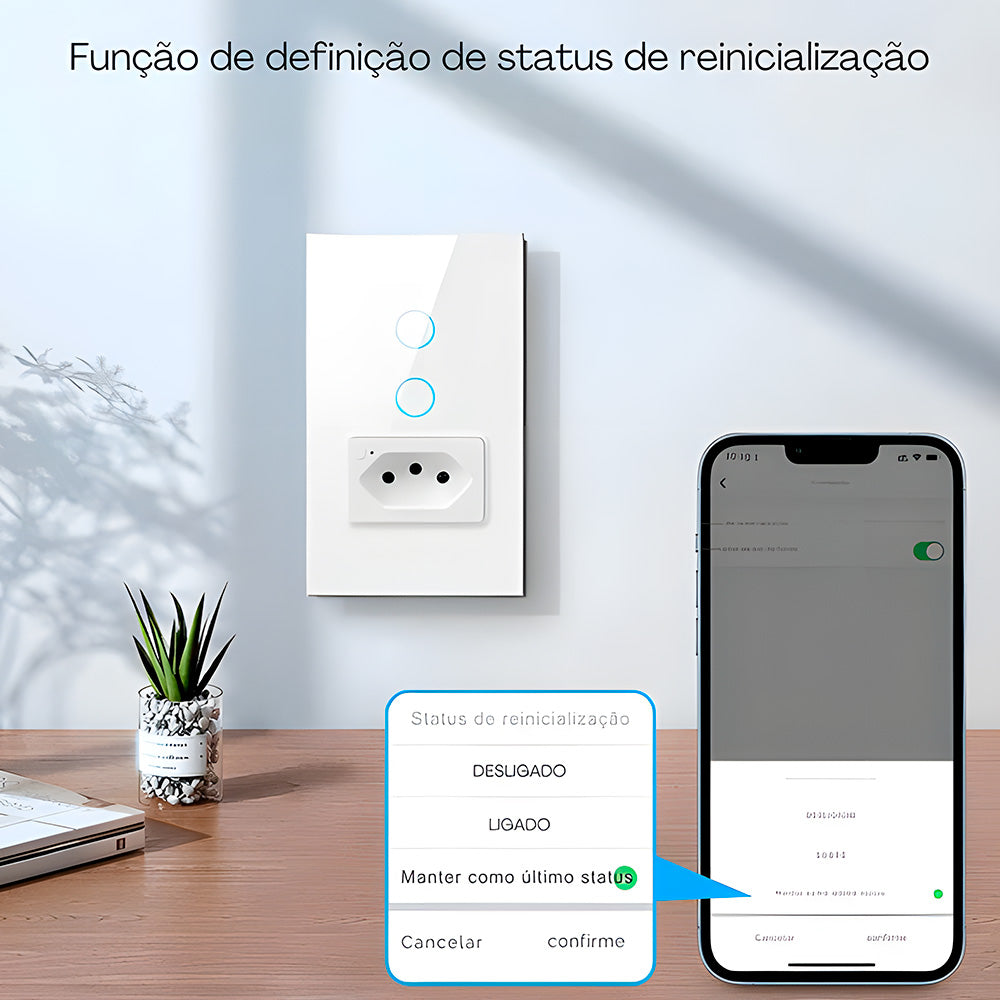 Interruptor Inteligente, Com Tomada, 2 Botões Touch, Wi-Fi, Compatível Com Alexa e Google Home, Avatto, Branco
