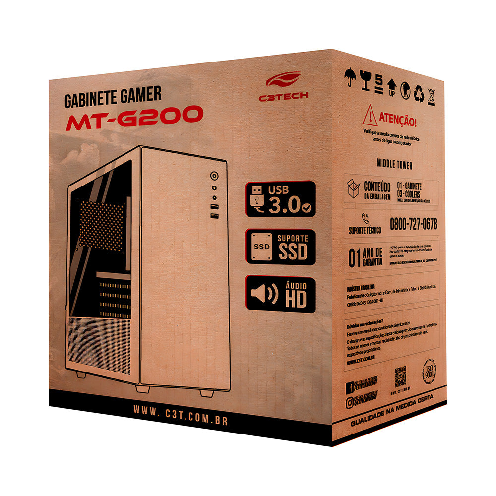 Gabinete Gamer MT-G200BK Com 3 Coolers, Lateral Em Vidro Temperado, USB Frontal 3.0 e Audio Frontal P2 - C3Tech